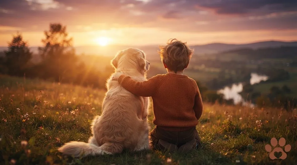Un enfant et son chien assis dans un champ, de dos, regardant le coucher de soleil ensemble